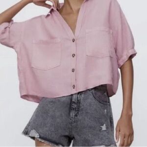 Zara linen Light Pink Button-Down Shirt